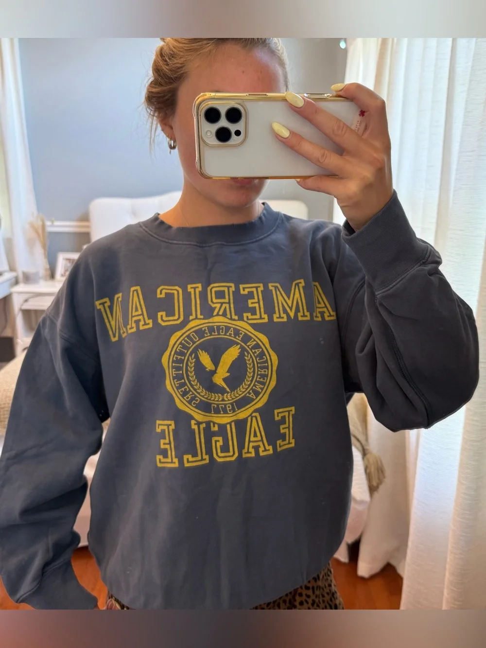 American Eagle Outfitters Men's Dark Blue Crewneck with Yellow Logo